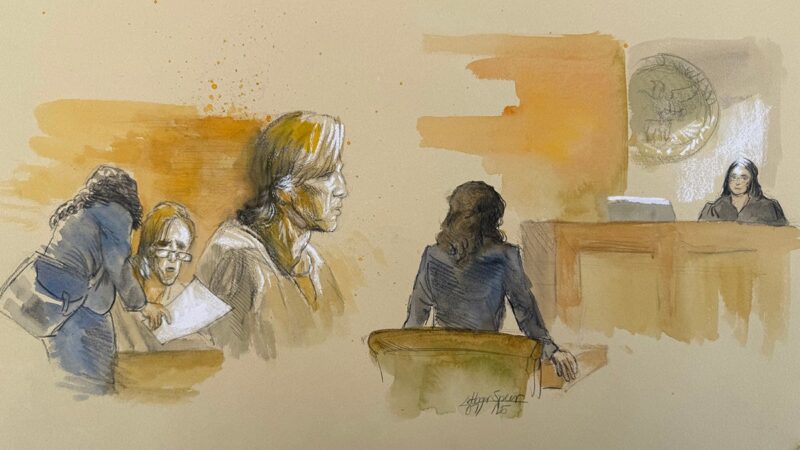 An abstract painting of a person standing before a court