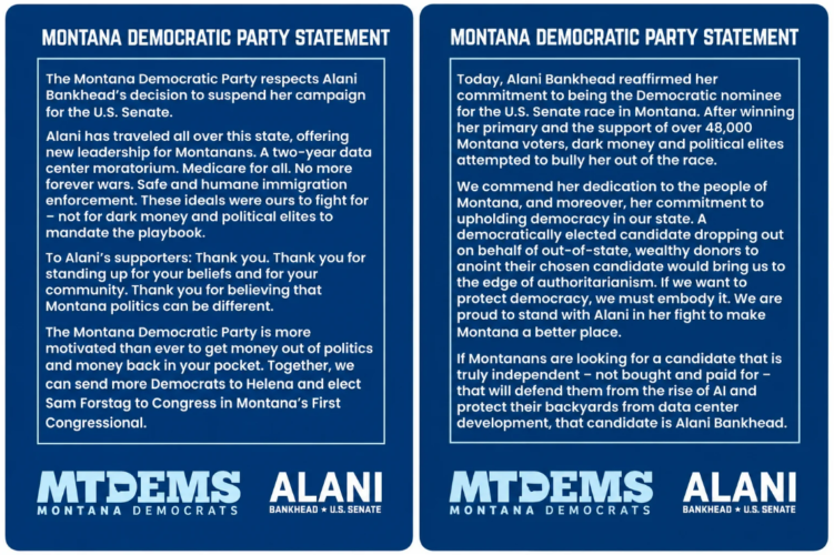 The Montana Democratic Party published a statement praising Democrat Alani Bankhead for suspending her Senate campaign before she had actually done so
